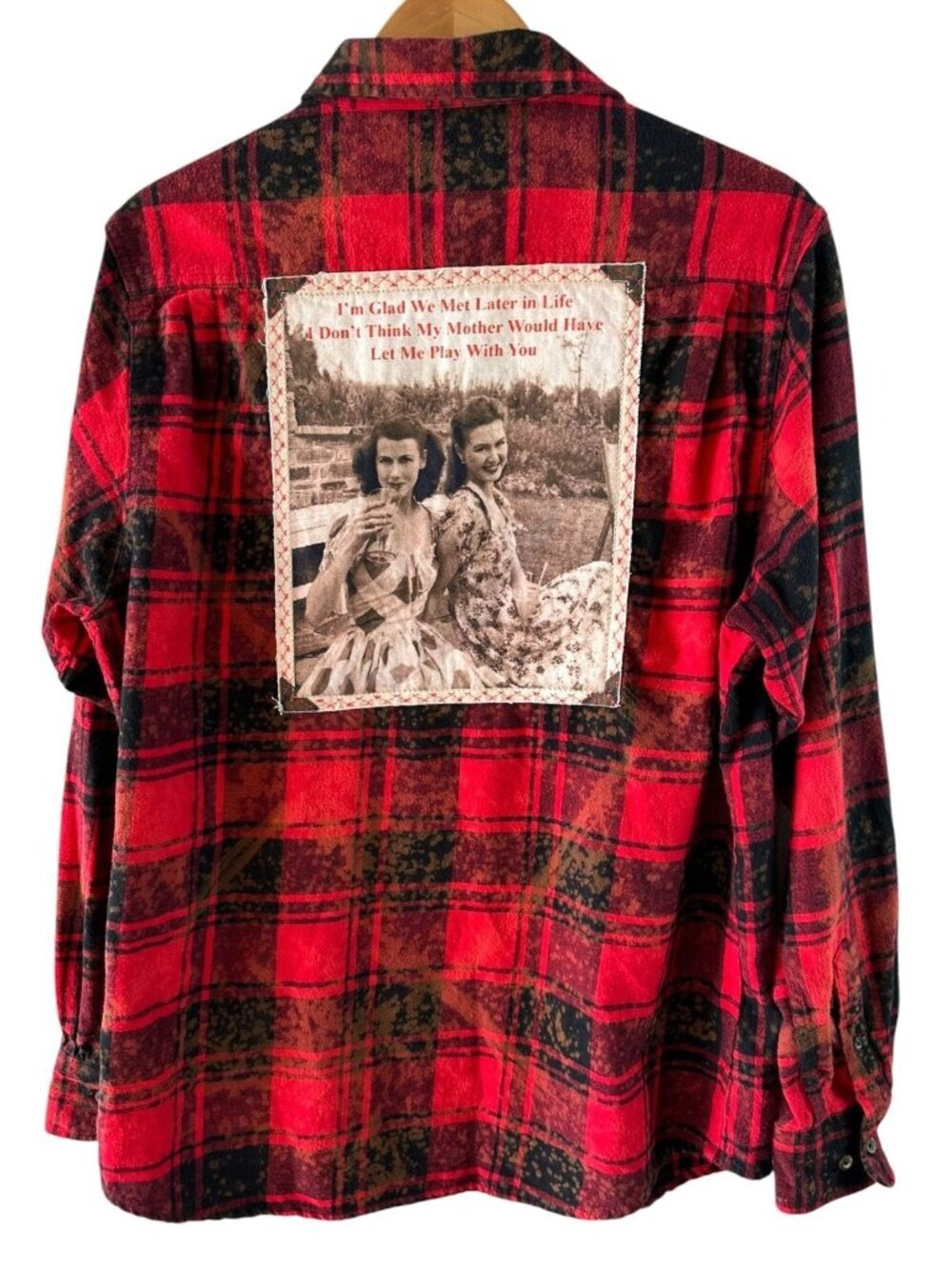 Angry Minnow Red Black Plaid Flannel Shirt Retro Back Patch Cotton Size L